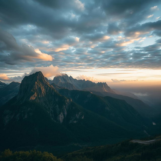 A stunning, realistic photograph featuring a cinematic view of a vast mountain landscape under a dramatic sky