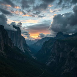 A stunning, realistic photograph featuring a cinematic view of a vast mountain landscape under a dramatic sky