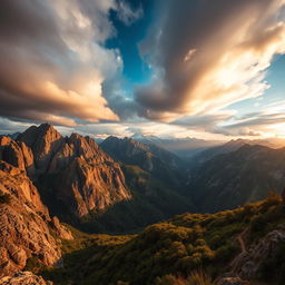 A stunning, realistic photograph featuring a cinematic view of a vast mountain landscape under a dramatic sky