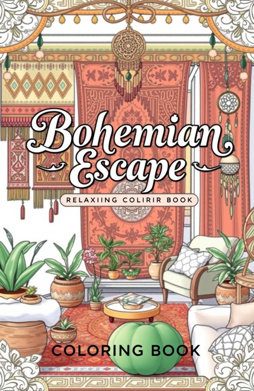 A beautifully designed cover for a coloring book titled 'Bohemian Escape: Relaxing Coloring Book'