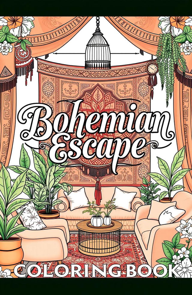 A beautifully designed cover for a coloring book titled 'Bohemian Escape: Relaxing Coloring Book'