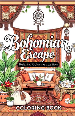 A beautifully designed cover for a coloring book titled 'Bohemian Escape: Relaxing Coloring Book'