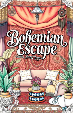 A beautifully designed cover for a coloring book titled 'Bohemian Escape: Relaxing Coloring Book'