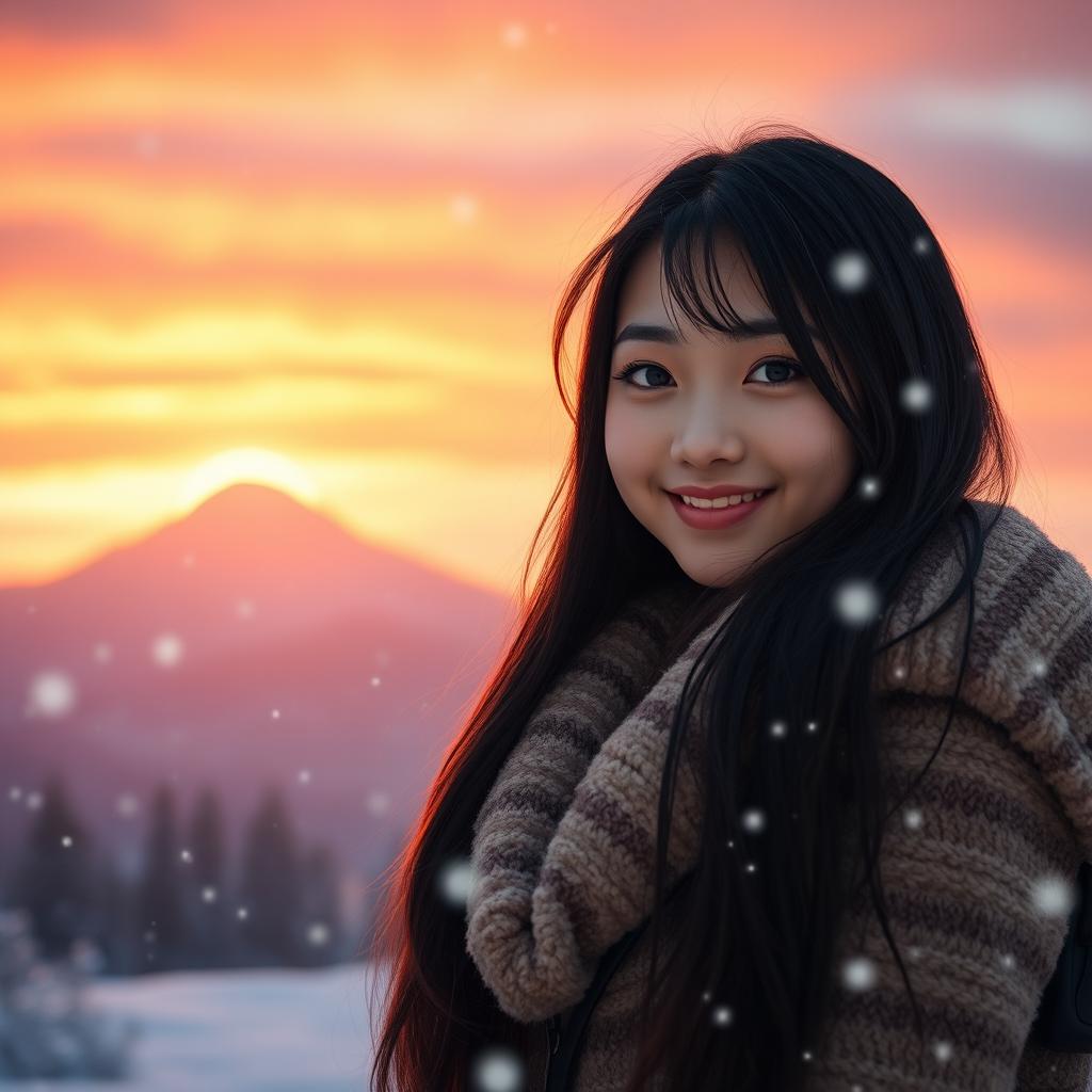 A beautiful Asian girl standing in a serene winter landscape, surrounded by softly falling snowflakes