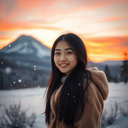 A beautiful Asian girl standing in a serene winter landscape, surrounded by softly falling snowflakes