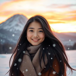 A beautiful Asian girl standing in a serene winter landscape, surrounded by softly falling snowflakes