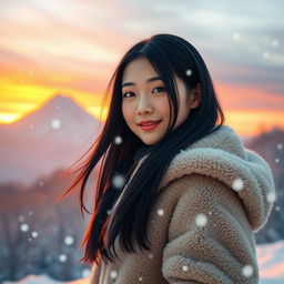 A beautiful Asian girl standing in a serene winter landscape, surrounded by softly falling snowflakes