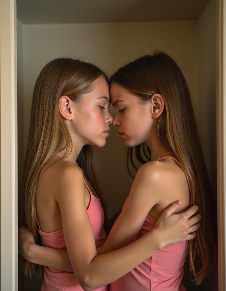 A realistic photo of two young girls with thin, long blonde hair facing each other, both wearing pink halter tops