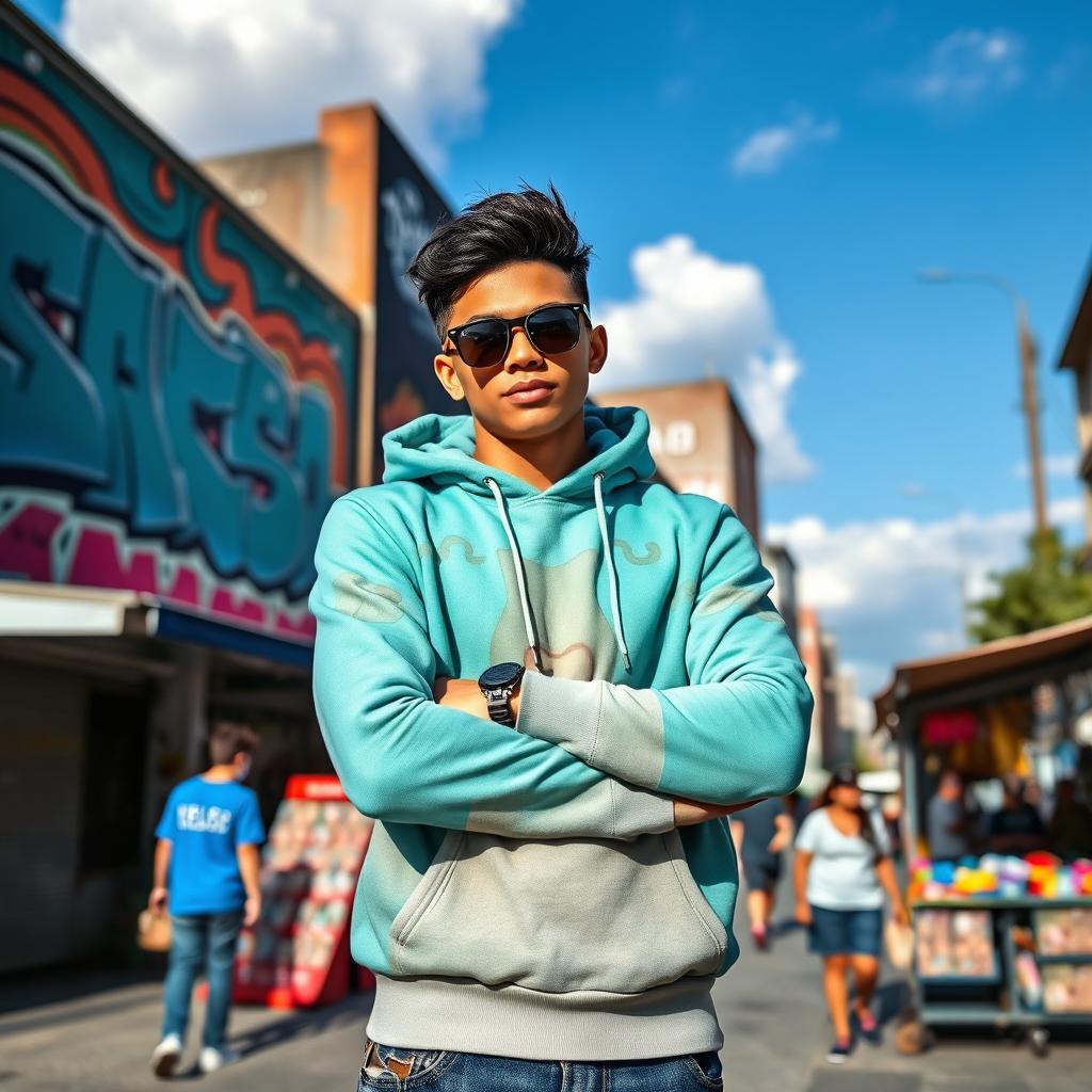 A stylish individual wearing a modern, vibrant hoodie in an urban setting, featuring bold graffiti art on the walls behind him