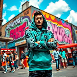 A stylish individual wearing a modern, vibrant hoodie in an urban setting, featuring bold graffiti art on the walls behind him