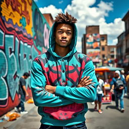 A stylish individual wearing a modern, vibrant hoodie in an urban setting, featuring bold graffiti art on the walls behind him