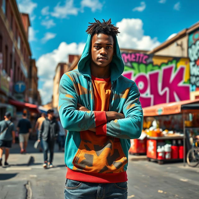 A stylish individual wearing a modern, vibrant hoodie in an urban setting, featuring bold graffiti art on the walls behind him