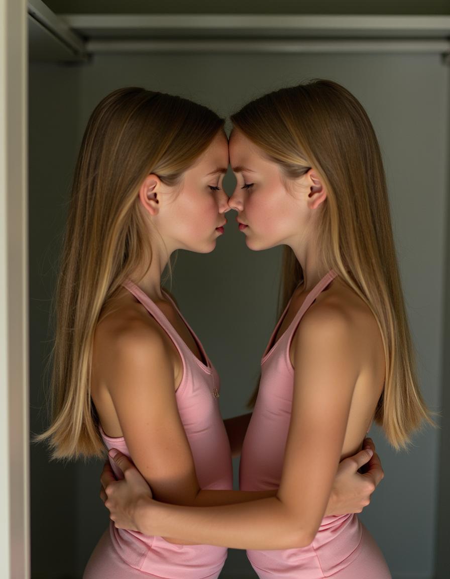 A realistic photo capturing two young girls with thin, long blonde hair, facing each other closely in an empty closet