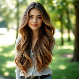 A person with long flowing hair, standing confidently with a serene expression