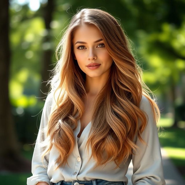 A person with long flowing hair, standing confidently with a serene expression