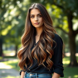 A person with long flowing hair, standing confidently with a serene expression
