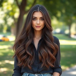 A person with long flowing hair, standing confidently with a serene expression
