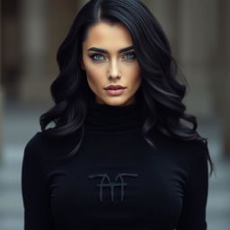 A woman in a fully covered black outfit, showcasing a sleek and mysterious look