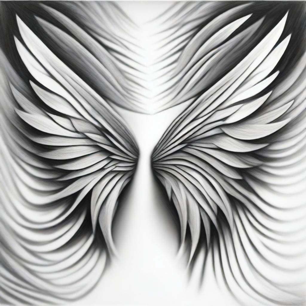 An abstract interpretation of wings in a black and white pencil drawing