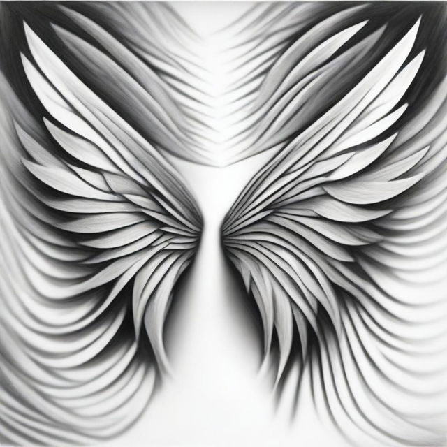 An abstract interpretation of wings in a black and white pencil drawing