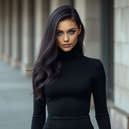 A woman in a fully covered black outfit, showcasing a sleek and mysterious look