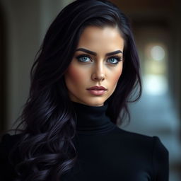 A woman in a fully covered black outfit, showcasing a sleek and mysterious look