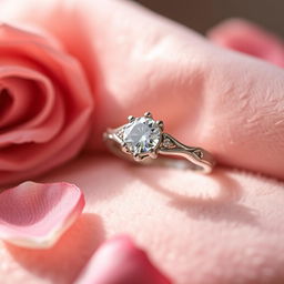 A close-up shot of a beautifully crafted engagement ring set against a soft, velvet surface