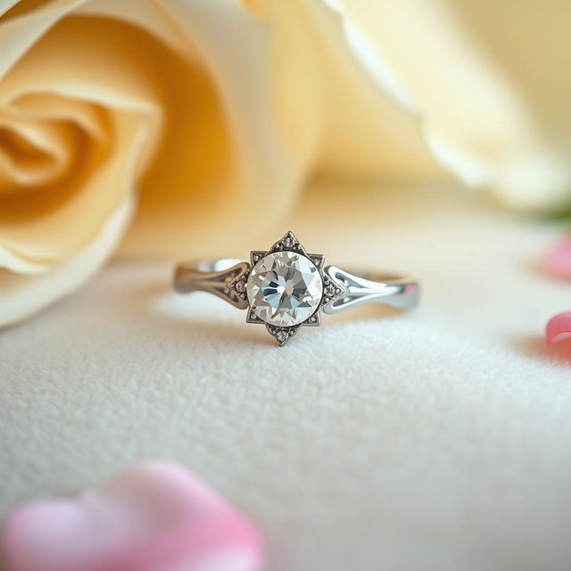 A close-up shot of a beautifully crafted engagement ring set against a soft, velvet surface