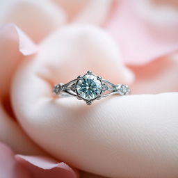 A close-up shot of a beautifully crafted engagement ring set against a soft, velvet surface