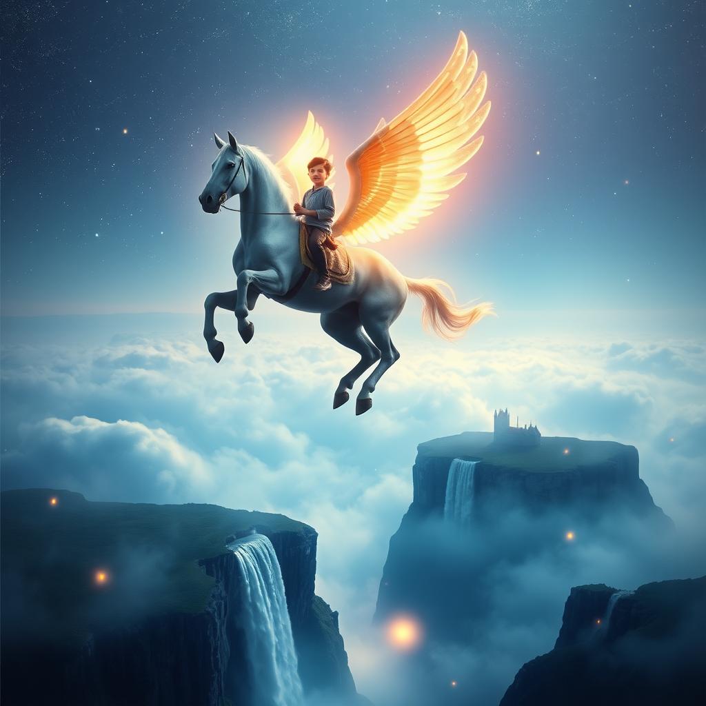 A stunning photo manipulation of a young boy riding a majestic flying horse adorned with glowing wings, soaring high in a fantastical night sky