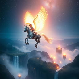 A stunning photo manipulation of a young boy riding a majestic flying horse adorned with glowing wings, soaring high in a fantastical night sky