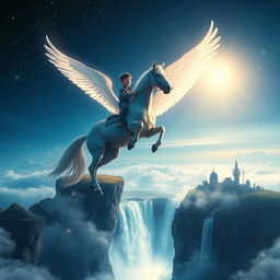 A stunning photo manipulation of a young boy riding a majestic flying horse adorned with glowing wings, soaring high in a fantastical night sky