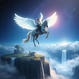 A stunning photo manipulation of a young boy riding a majestic flying horse adorned with glowing wings, soaring high in a fantastical night sky