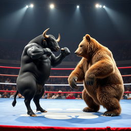 An intense boxing match between a muscular black bull and a large grizzly bear, set in a brightly lit boxing arena filled with cheering spectators