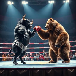 An intense boxing match between a muscular black bull and a large grizzly bear, set in a brightly lit boxing arena filled with cheering spectators