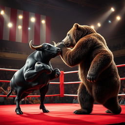 An intense boxing match between a muscular black bull and a large grizzly bear, set in a brightly lit boxing arena filled with cheering spectators