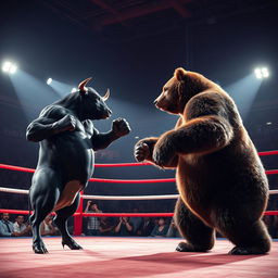 An intense boxing match between a muscular black bull and a large grizzly bear, set in a brightly lit boxing arena filled with cheering spectators