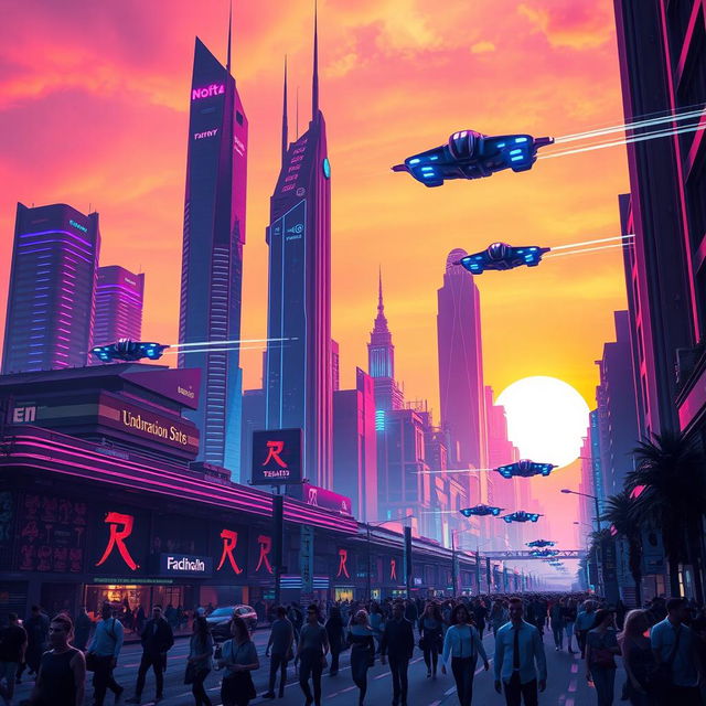 A striking, high-contrast image of a futuristic cityscape at dusk