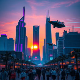 A striking, high-contrast image of a futuristic cityscape at dusk