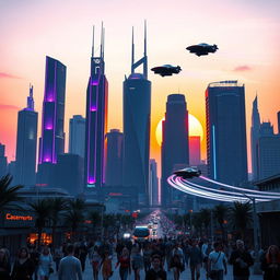 A striking, high-contrast image of a futuristic cityscape at dusk