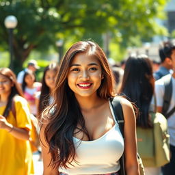 A beautiful Indonesian college girl with very large breasts, exuding a playful and flirtatious vibe