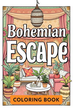 A visually appealing cover for the book titled 'Bohemian Escape: Relaxing Coloring Book'