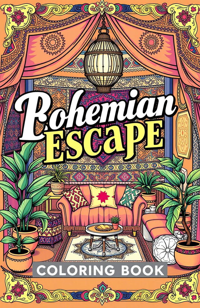 A visually appealing cover for the book titled 'Bohemian Escape: Relaxing Coloring Book'