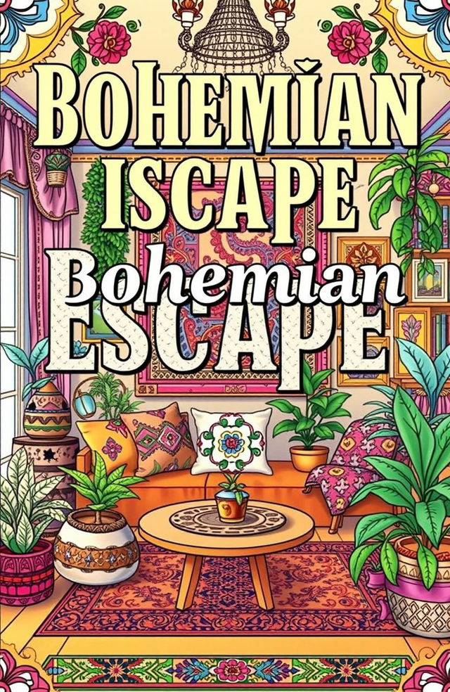 A beautifully designed book cover for 'Bohemian Escape: Relaxing Coloring Book', featuring large vintage-style lettering