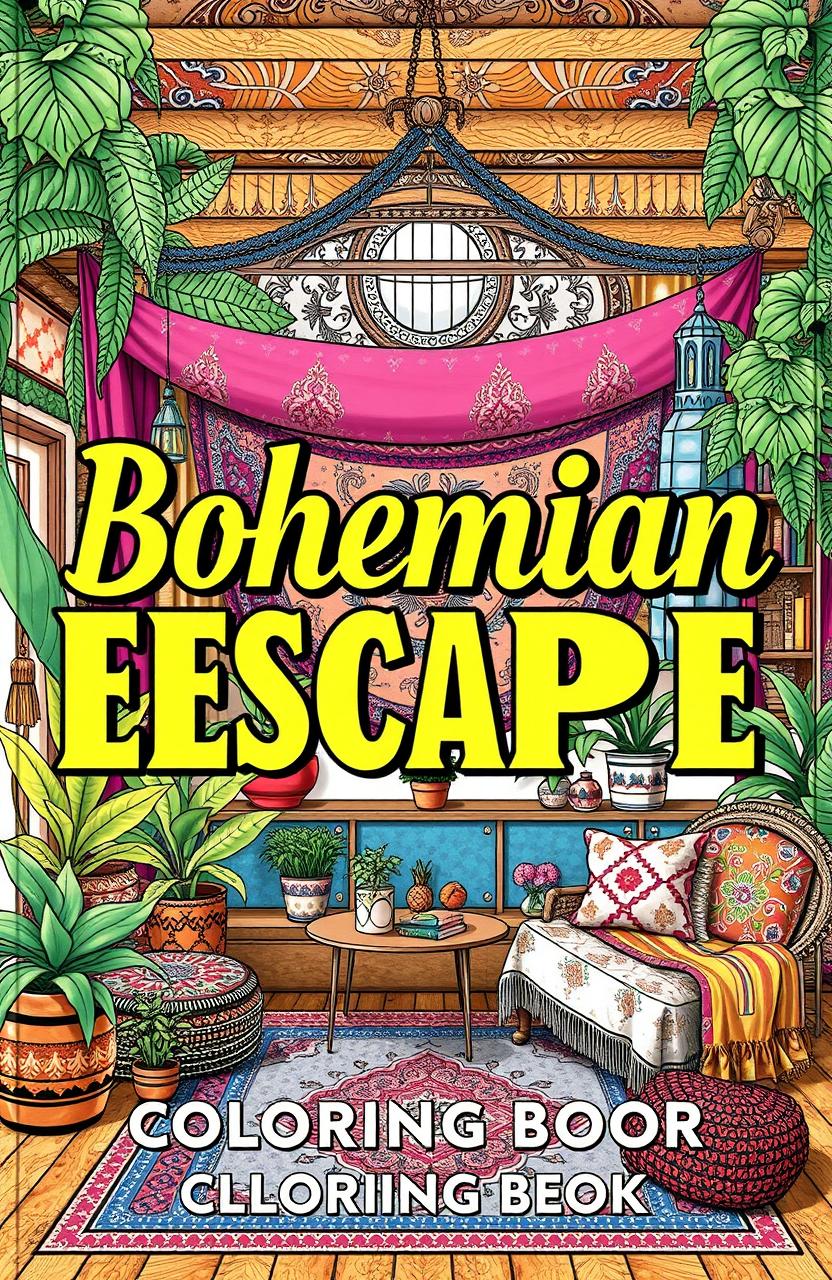 A beautifully designed book cover for 'Bohemian Escape: Relaxing Coloring Book', featuring large vintage-style lettering