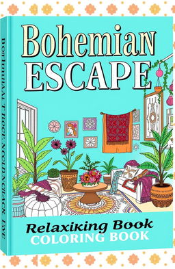 A beautifully designed book cover for 'Bohemian Escape: Relaxing Coloring Book', featuring large vintage-style lettering