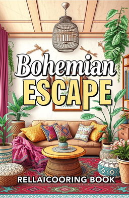 A beautifully designed book cover for 'Bohemian Escape: Relaxing Coloring Book', featuring large vintage-style lettering
