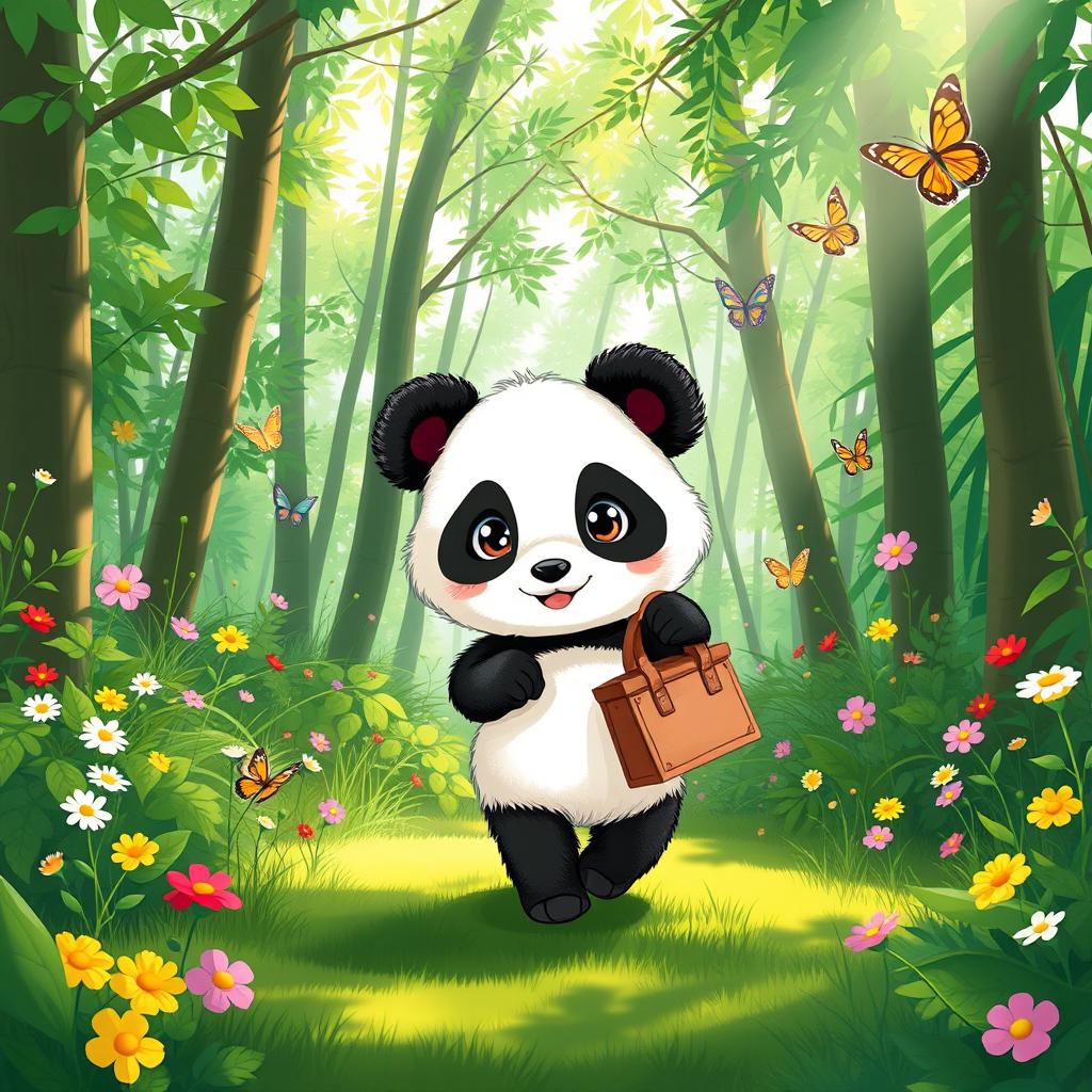 A cute panda cub named Jeko, holding a small picnic bag, walking through a dense, lush green forest