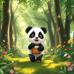 A cute panda cub named Jeko, holding a small picnic bag, walking through a dense, lush green forest