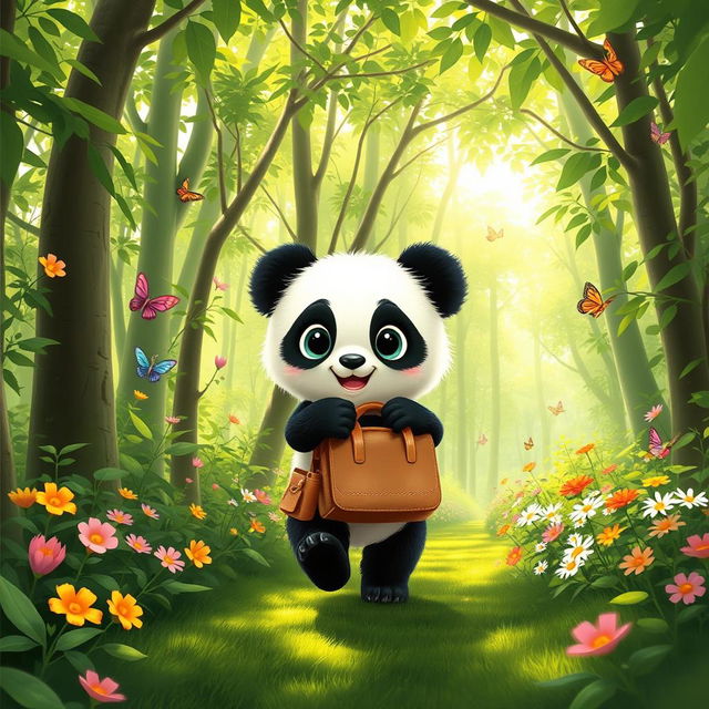 A cute panda cub named Jeko, holding a small picnic bag, walking through a dense, lush green forest